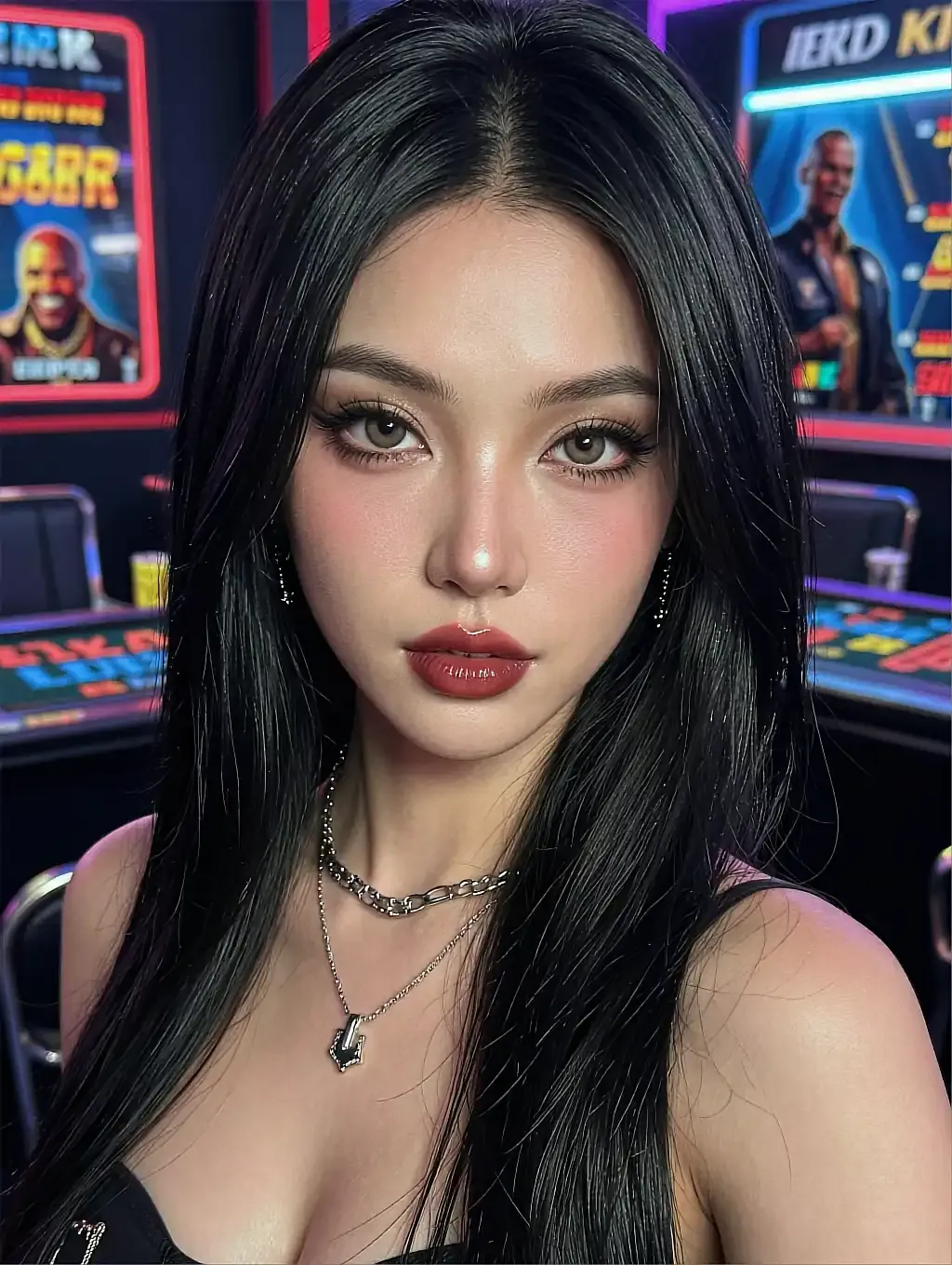 Ji-woo — pink twin-tailed woman in a pale blue top smiling on a bed
